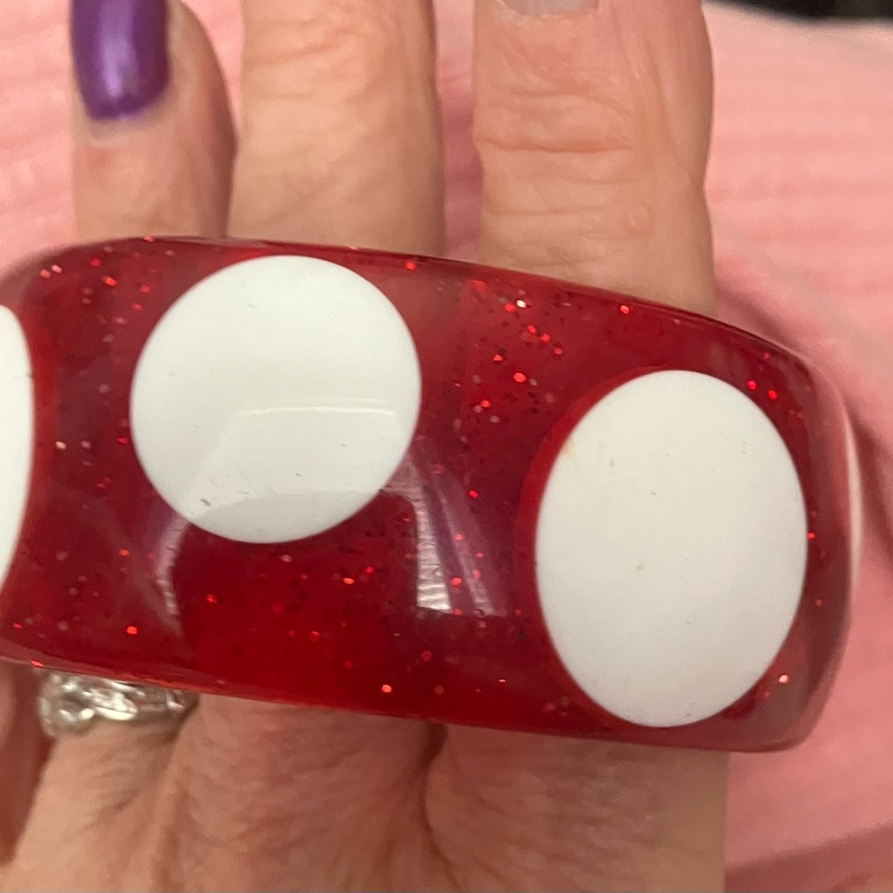 Vintage Lucite, red glitter white polkadot bangle bracelet